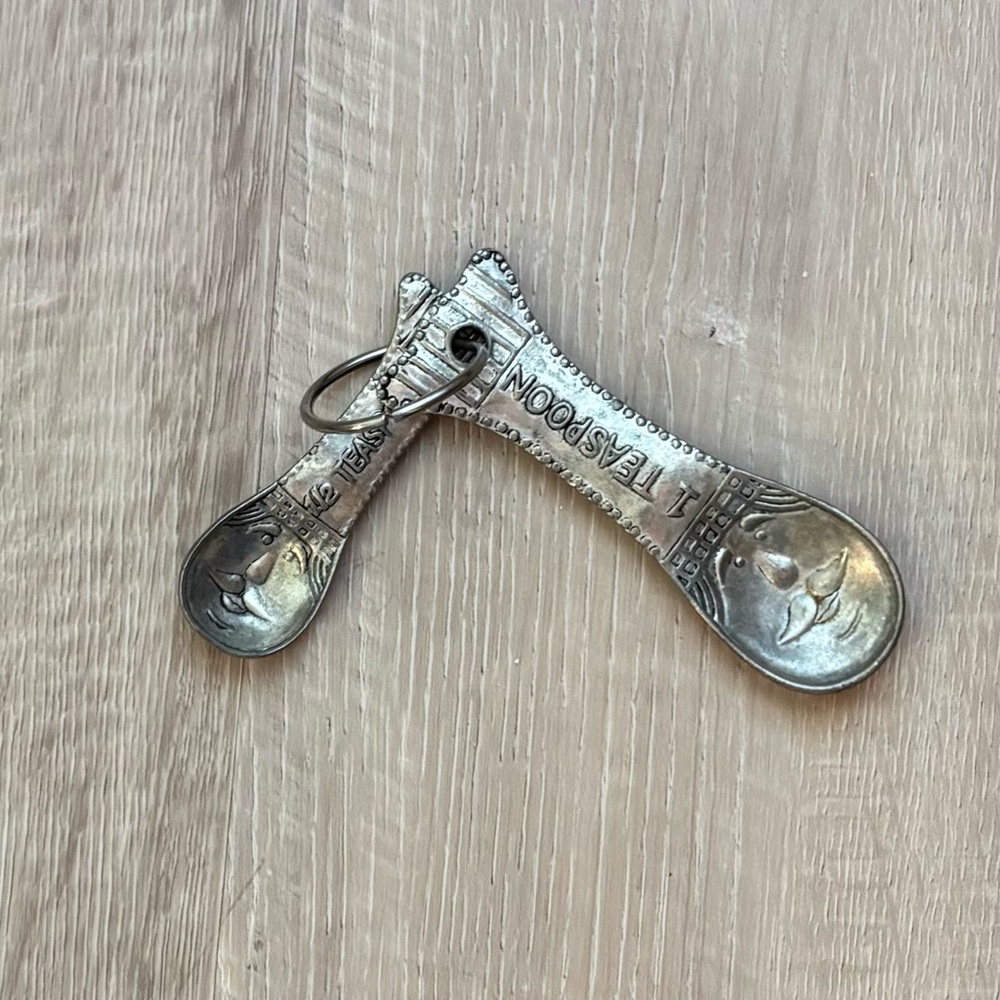 Vintage Pewter Moustache Face Measuring Spoons Set of 2 Teaspoon Plated Metal